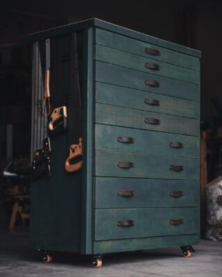 Wood tool chest with drawers painted in Peacock Real Milk Paint and Tung Oil